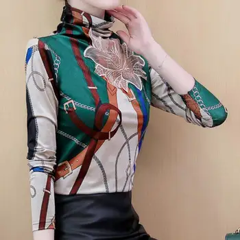 Modes Garām Piedurknēm Augstu Uzrullētu Apkakli Sievietēm, Blūzes Korejas Modes Drukāt Blūze Sieviešu Krekli Plus Lieluma Slim Sievietēm, Topi Blusas Mujer