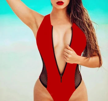 Milzīgais Bikini 2019 Viens Gabals Peldkostīms Rāvējslēdzēju Push Up Trikini Sarkanu Melna Ar Augstu Vidukli, Peldkostīms Mikro Sandales Peldkostīmi, Vanna, Tērpi