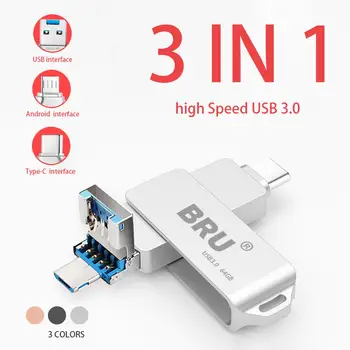 BRU 3 In 1 Otg Usb Flash Drive 3.0 Android Tips-c ātrgaitas Pen Drive C Tipa Usb Stick 16gb 32gb 64gb, 128gb un 256 gb Pendrive