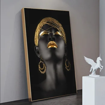 Mūsdienu Afrikāņu Mākslas Zelta Lūpu Sievietes Eļļas Glezna uz Audekla Sienas Māksla Plakātu un Izdrukas Skandināvijas Attēlu Mājas Apdare