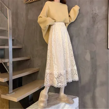 Melna Balta Mežģīņu Midi Svārki Sieviešu Modes 2021. Gada Pavasarī ziemas korejas Gudrs, Elegants Birojs-line Svārki Sieviete Lady