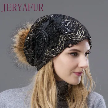 Jauno sieviešu rudens un ziemas aukstumā pierādījumu putekļu necaurlaidīgs cepure, jenots kažokādas bumbiņu fox kažokādas bumbiņu modes ādas cepure ir tiešām cepuri.