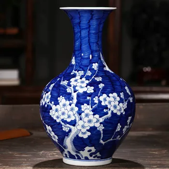 Klasiskā Ķīniešu Stilā Puses, Krāsotas Zilā un Baltā Porcelāna Plūmju Ziedu Sākuma Apdare Ziedu Vāze