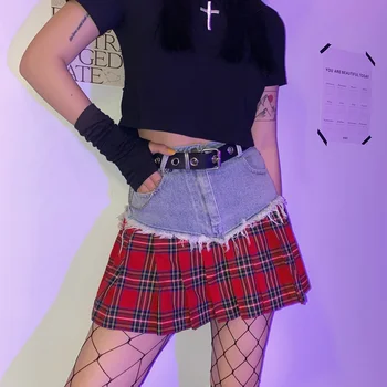 Punk Harajuku Svārki Teen Meitenēm, Streetwear Sieviešu Vintage Augstas Starām. Fringe Džinsa Raibs Mini Red Pleds Kroku Svārki