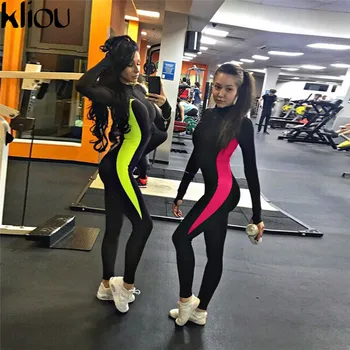 Kliou Luminiscences krāsas pleķīšus sieviešu push up fitnesa jumpsuits 2018 rudens ziemas sievietes pilnu piedurknēm ar rāvējslēdzēju turtneck jumpsuit