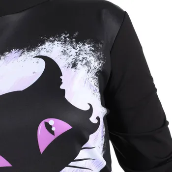 Jaunums Lielgabarīta sporta Krekls Sievietēm augstu uzrullētu apkakli 3d Drukas Cat Halloween Raganu Klp Konvertējamās Apkakli pelēkā vārna Gadījuma Top Plus Izmēra