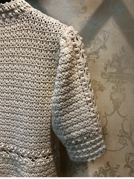Luksusa Zīmolu Dizainera Adīti Džemperi Sievietēm O Kakla Vintage Handwork Tamborēšanas Dobi No Trikotāžas Puff Piedurknēm Džemperis