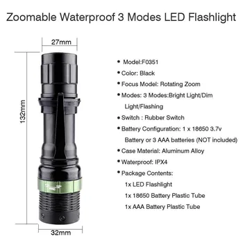 Buksēt-pierādījums, Dizaina Zoomable LED Lukturīti Lāpu ūdensizturīgs kempings Black jaudīgs led lukturītis