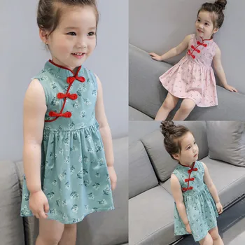 #40 Ziedu Cheongsam Puse Kleita Toddler Bērniem, Meitenēm, Baby Bez Piedurknēm Ķīnas Tang Stilu, Princese Tērpiem Sukienka Dziewczynka