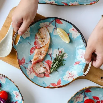 KINGLANG Ziedu Paredzēti Japāņu Kārtu Vakariņas Plāksnes Virtuves Sadzīves Trauku Plāksne ar Rokturi