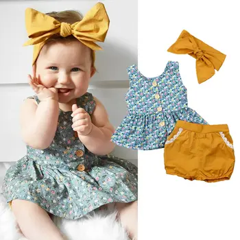 0-24M Baby Girl Vasaras Ziedu Princese Kleita bez Piedurknēm Topi+Bikses+Galvas Jaundzimušais Meiteņu Apģērbu Komplekti 3Pcs Tērpiem