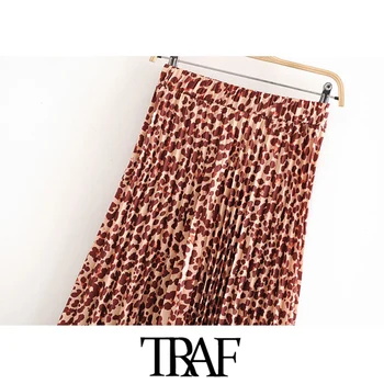 TRAF Sieviešu Šiks Modes Leopards Drukāt Kroku Midi Svārki Vintage Augsti Elastīgs Viduklis Dzīvnieku Modelis Sieviešu Svārki Mujer