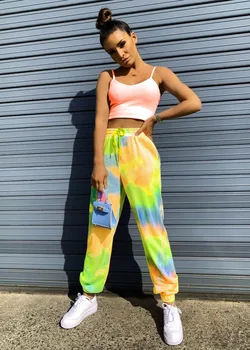 Jaunu Sweatpans Sieviešu 2020. Gada Vasaras Modes kaklasaišu krāsošanas Drukāt Joggers Garas Bikses ar Augstu Vidukli Aukliņu Vaļīgas Bikses Sporta Bikses