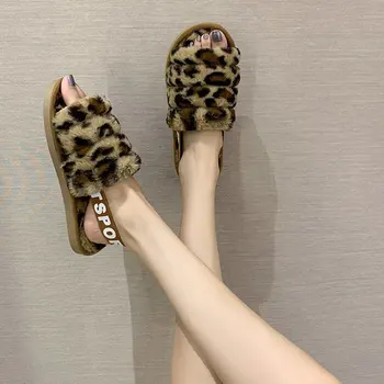 Modes Leopard Caterpillar Čības Dzīvnieku Sexy Ziemas Sievietes Pūkains Slaidi Silts Plīša Sieviešu Mājas Čības Zapatos Para Mujer
