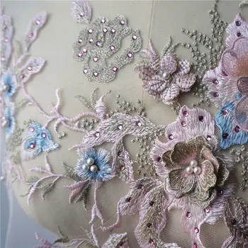 Rozā 3D Ziedu Mežģīņu Auduma Krelles Rhinestone Izšūti Kleita Appliques Apkakles Pinuma Šūt Plāksteris, Kāzu Dekorēšana Kleita DIY