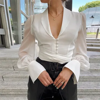 Blusas Mujer De Moda 2019 Blūze Sievietēm Vintage Cietā Blusas Tops Sievietēm, Balts Krekls Sexy V-Veida Kakla Topi Un Blūzes Roupa Camisas