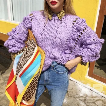 2019. gada rudens un ziemas jauno modes ikdienas roku darbs, kokvilnas bumbu apaļu kakla džemperis džemperis sievietēm