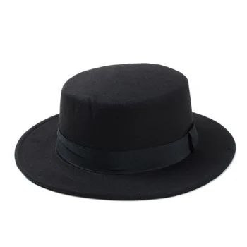 Jauno Modes Vilnas Cūkgaļas Pīrāgs Boater Flat Top Hat Sieviešu Vīriešu Filca Platām Malām Fedora Spēlmanis Cepure