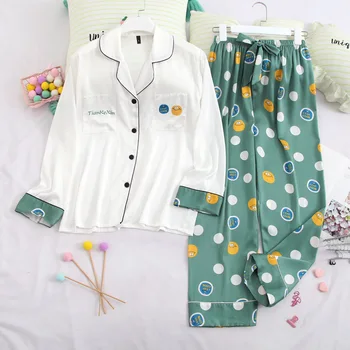Lisacmvpnel Ledus Zīda Dot Drukas Modes Sieviešu garām Piedurknēm Uzvalks Pidžamu Sexy Zaudēt Pidžamas Komplekts Satīna Šifona Soft Touch Pidžamas