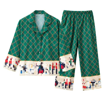 Jauns pāris pidžamu rudens garām piedurknēm ledus, piemēram, zīda plānas sieviešu multiplikācijas filmu pavasarī un rudenī pidžamas vīriešu mājās pakalpojumu uzvalks