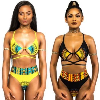 Sexy Āfrikas Drukāt Peldkostīmu 2018 Dashiki Drukāt Peldkostīmi Pārsējs 2 Gabals Bikini Komplekts Sieviešu High Cut Monokini Push Up Peldkostīms