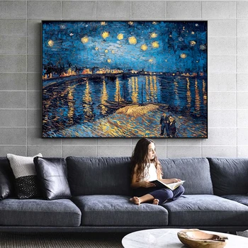 Van Goga Starry Night Audekla Gleznas Reprodukcija uz Sienas Impresionisma Zvaigžņota Nakts Kanvas Bildes Dzīvojamā Istaba Dekori