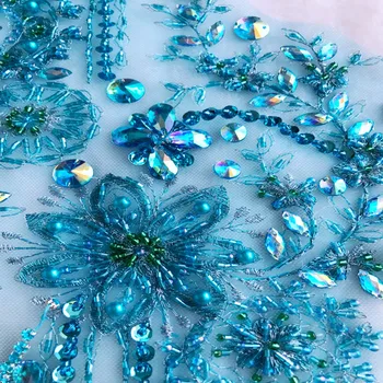 Piešūt rhinestones vizuļi pērlītes gaiši zilu mežģīņu aplikācijas kristālu apdare plāksteri 47*27cm par kleitu aksesuārs