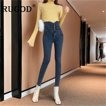 RUGOD korejas eleganta tunika džinsi sieviešu Modes augstums vidukļa elasticiry zīmuli džinsa bikses sieviešu 2020 