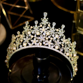 Liela cirkonija krellītēm cirkonija zelta kronis CZ galvu līgava Coroa matu kāzu aksesuāri