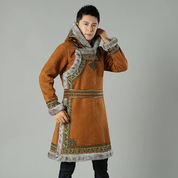 Mongolijas Ziemas Vīriešiem Parkas deerskin vilnas Tradicionālo etnisko Apģērbi Vīriešiem Kapuci, Vīriešu Žaketes Mēteļi Tang uzvalks Augšu