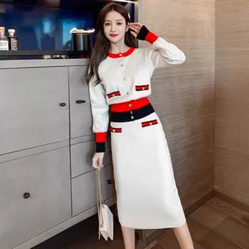 Korejas Trikotāžas 2 Gabals Svārki Komplekti Sievietēm Viena-krūšu Līmēšana Džemperi + Elastic Spēkā Svārki Uzvalki Gadījuma Modes Elegants Komplekts