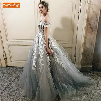Elegants Pelēks Balles Kleitas Ivory Mežģīnes Appliqued vestido 2020. gadam vestidos de fiesta largos elegantes de gala Pielāgota Formālu Kleita