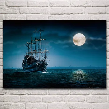 Buru laivu noskaņojumu mēness naktī jūras jūras ceļojumu auduma plakāts, viesistaba, mājas sienas dekori zīda audekls mākslas drukāt KM517