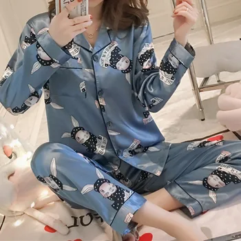2 gab. Komplekts Mākslīgās Zīda Satīna Pidžamas Komplekts Rudens Sieviešu Sleepwear Long Sleeve Pidžamu sievietes, Dāmas Naktsveļu Pidžamas
