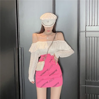 Jauns Mini Rudens Roze Sarkanā Sieviešu Svārki Modes Burtu Drukas Svārki Sieviešu Sexy Nelegālo Soma Hip Svārki Mujer