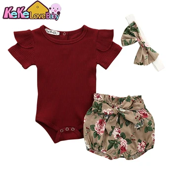 Jaundzimušais Meitene Drēbes, Uzstādīt Vasaras tīrtoņa Krāsu Īsām Piedurknēm Romper Ziedu Šorti Galvu 3Pcs Apģērbs Jauno Dzimis Zīdaiņu Apģērbs