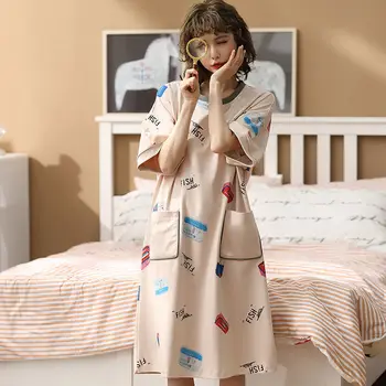 Sieviešu Nightgowns Sleepshirts Ruffles Karikatūra Izdrukāt Īsām Piedurknēm Vasaras Korejiešu Stilā Zaudēt Sleepwear Ikdienas Atpūtas Elegants Moderns