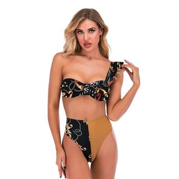 Jauno Sieviešu Peldkostīmi Augstas Kvalitātes Viena Pleca, Iespiests tīrtoņa Krāsu Sadalīt Peldkostīmu Sieviešu Modes Seksīgu Bikini, Leoparda Drukas Dizains