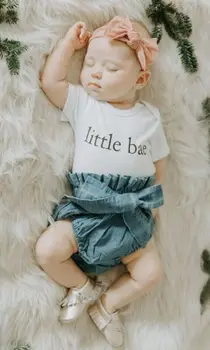 PUDCOCO Jaundzimušā bērna Baby Girl Apģērbu Vēstuli Īsām Piedurknēm Romper Džinsa Šorti Ikdienas Apģērbs no 0-18M