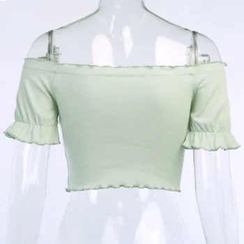 Sieviešu Sexy Pie Pleca Mežģīņu Kultūraugu Top Lady Gadījuma Kokvilnas Maisījums Zaļā Ribu Trikotāžas T Krekls Meitenēm Streetwear
