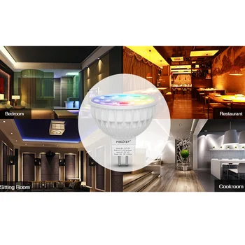 Miboxer FUT104 MR16 4W RGB + PKT LED prožektoru gaismā viesistaba, ēdamistaba, guļamistaba apgaismojums