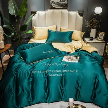 Mazgāt zīda gultas komplekts ērtiem pakaišiem king size mājās, guļamistabā gulta segtu tīrtoņa krāsu sega segtu duvet cover set 4 gabali