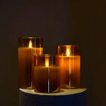 Dzintara krāsas Stikla LED Flameless Sveces Mirgo ar Tālvadības pulti,Bateriju Darbināmas,Kāzu,Svētku Rotājumi,Dāvanas,3 Pack