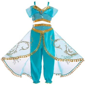 Bērniem Aladdin Princese Jasmine Cosplay Kostīmu Halloween Puse Parūka Bērniem, Meitenēm, Vēdera Deju Kleitu Parūkas Kostīmu noteikt augstas kvalitātes