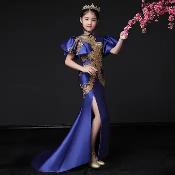 Royal Blue Bērnu Princese Vakarkleita Izšuvumi Ilgi Cheongsam Modes Bērni Apģērbu Mūsdienu Austrumu Kleita Meitenēm Y481