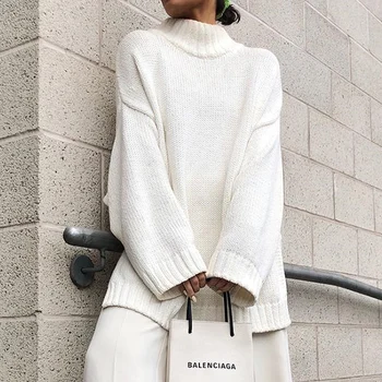 Džemperis Sievietēm Rudens 2019 Ziemas Balts Irdenas Trikotāžas Augstu Uzrullētu Apkakli Džemperi Sieviešu Džemperis Streetwear Trikotāžas Gadījuma Modes
