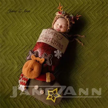 Jane Z Ann Bērnu foto kostīmu jaundzimušo foto, karikatūra, trikotāžas roku darbs Ziemassvētku tēmu guļammaiss ar cepuri studio piederumi