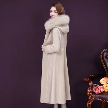 Sieviešu Aitu Cirpšana Mēteli, Ziemas 2020 Modes Elegants Sabiezēt Stepēts Jakas Kapuci Kažokādas Apkakle Topi Ilgi Vilnas Maisījumi Sieviete