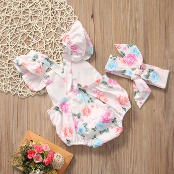 2019 Cute Ziedu Romper 2gab Baby Meiteņu Drēbes Jumpsuit Romper + Galvas stīpa 0-24M Vecuma Zīdaiņu Toddler Jaundzimušā Apģērbu Komplekts Karstā Pārdošanas