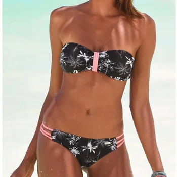 Vasaras Sieviešu Sexy Bikini Set Print Strapless Backless Peldkostīmu, Peldbikses Push Up Polsterēta Augsta Vidukļa Peldkostīms Beachwear Karstā